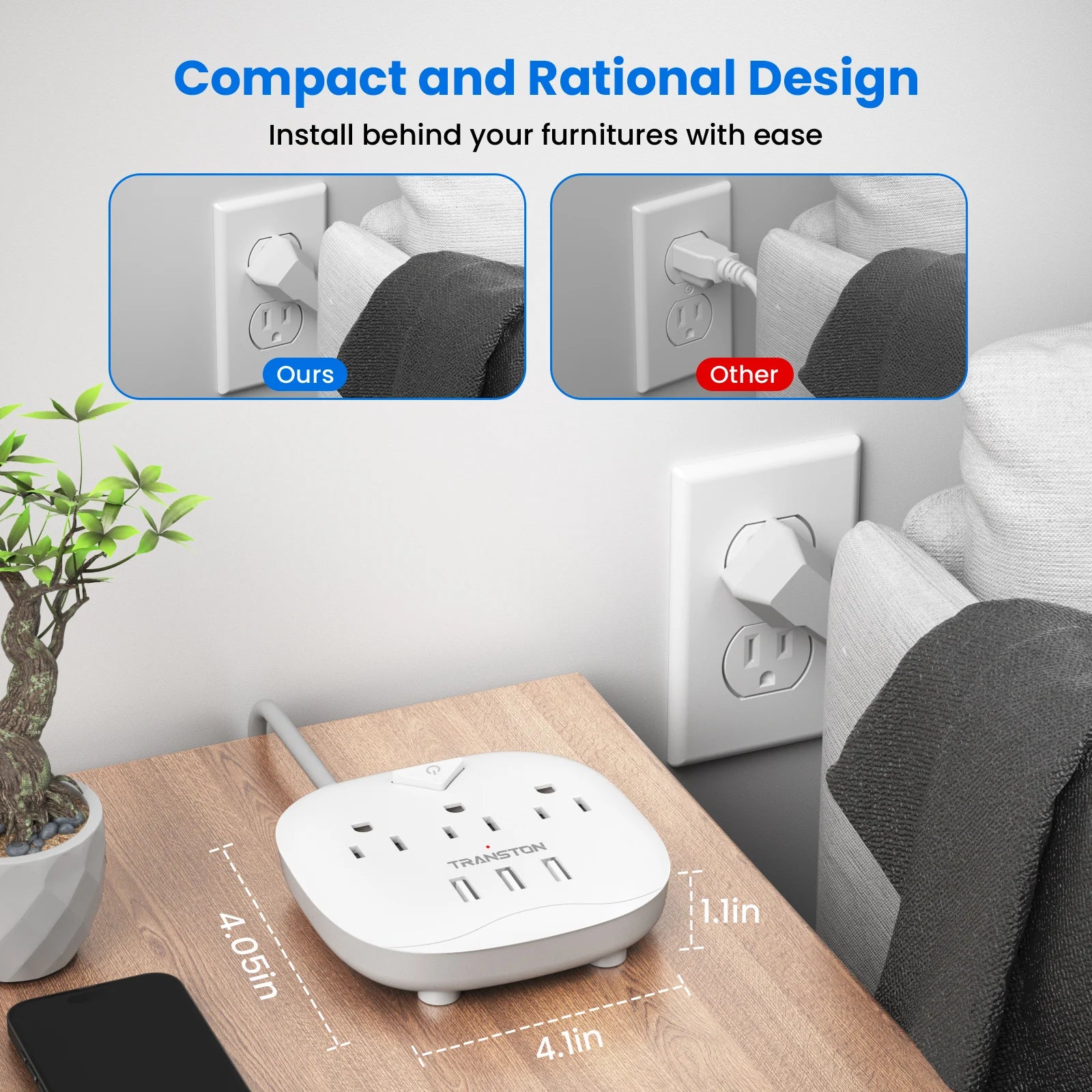 TRANSTON power strip with switch, 3power strip, 3 USB Ports, 3.3ft Extension
