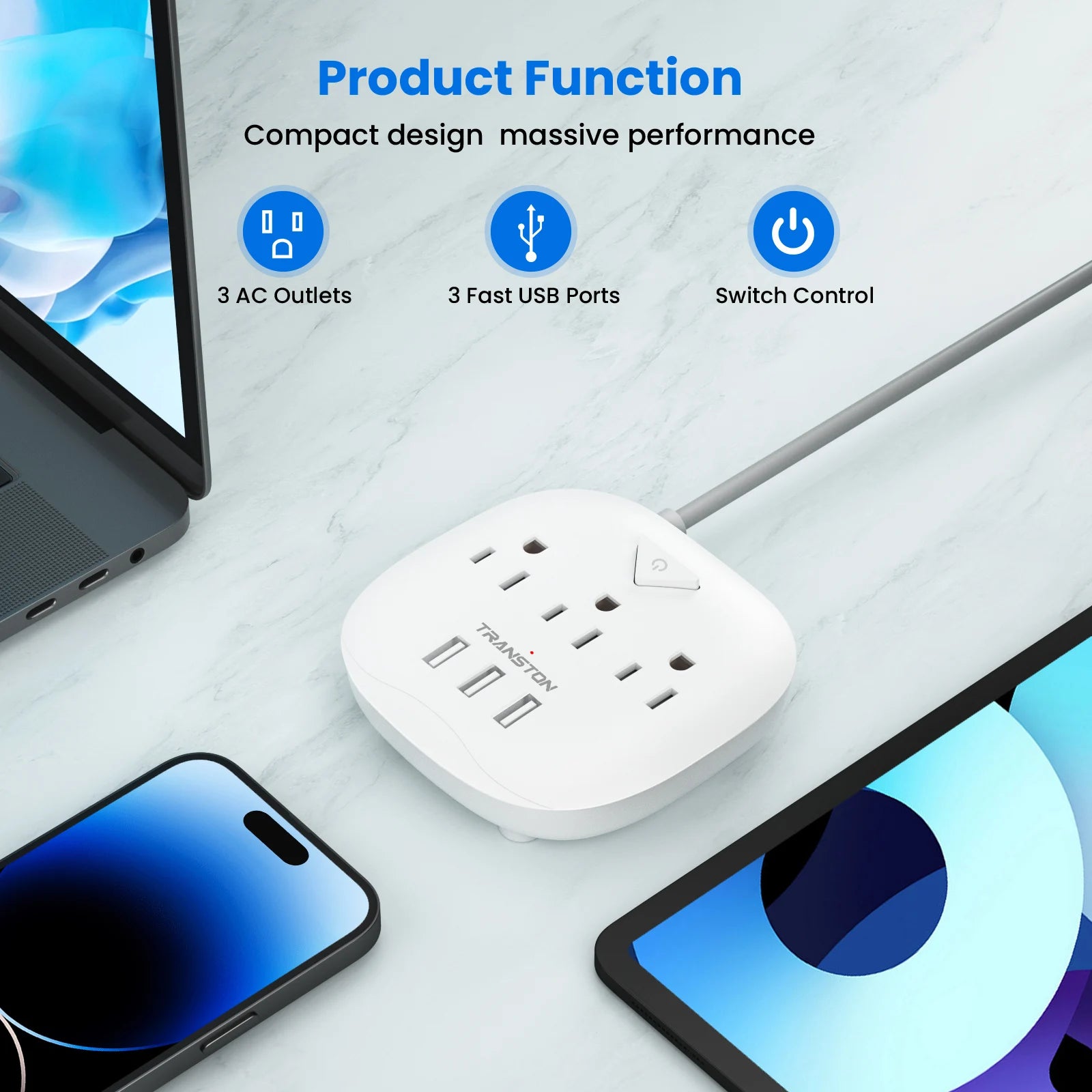 TRANSTON power strip with switch, 3power strip, 3 USB Ports, 3.3ft Extension