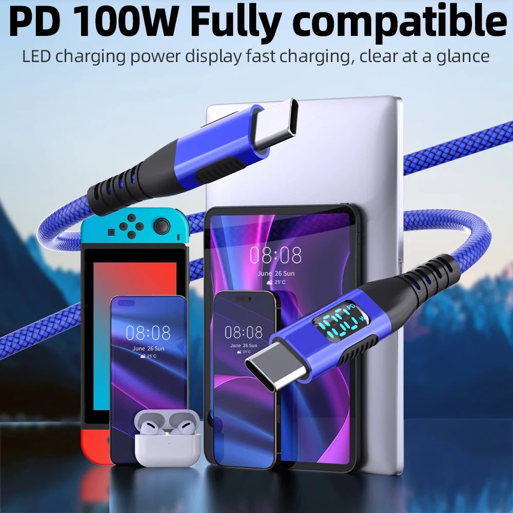 Ultra Fast Charging USB C to Type C Cable 100W 20V5A with LED Dynamic Display