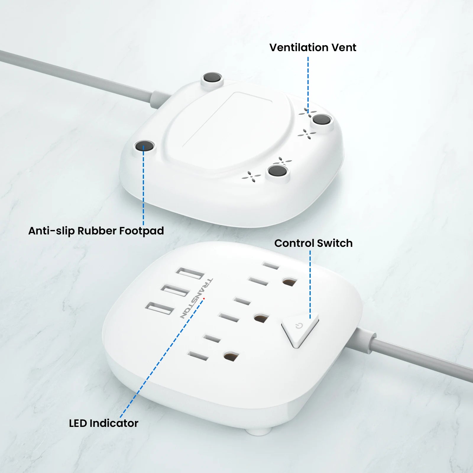 TRANSTON power strip with switch, 3power strip, 3 USB Ports, 3.3ft Extension