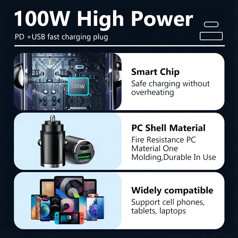 Mini 100W PD QC Pull Ring Fast Charging Car Charger USB C Car Phone Charger
