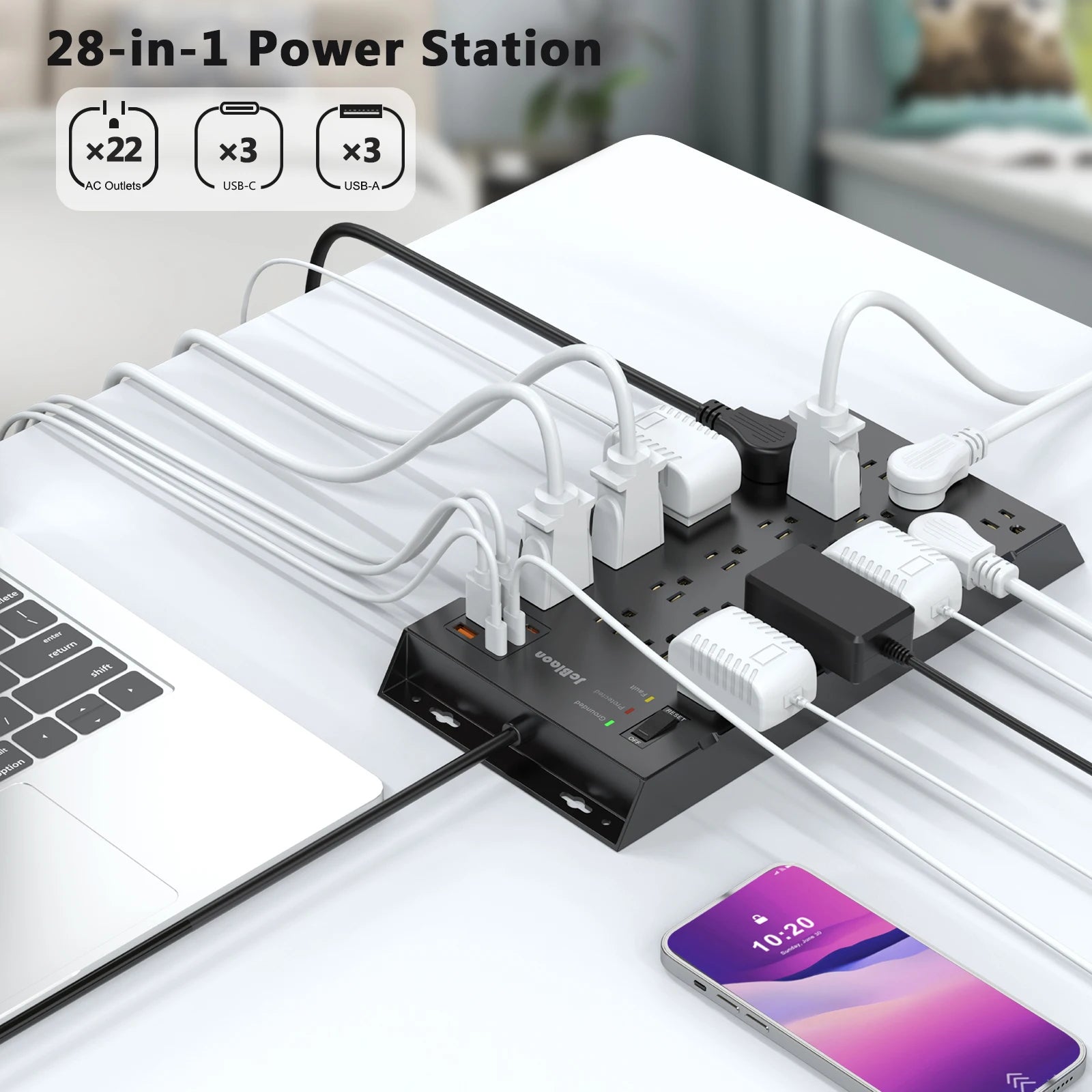 US Plug Power Strip with 22 AC Outlets Extender 6 USB Ports, 6.56ft/2M