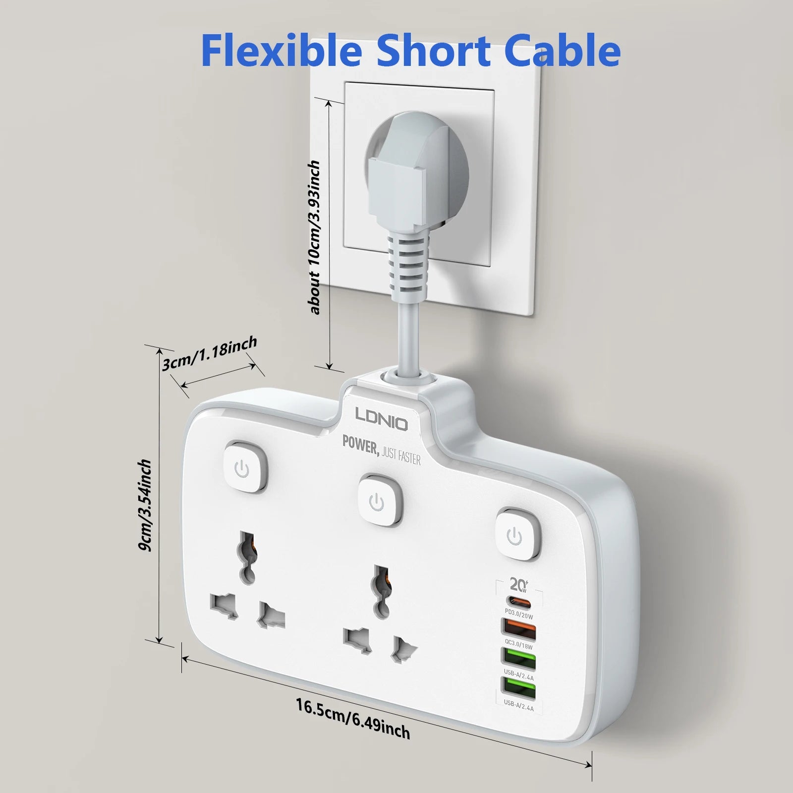 Universal Power Strip EU US UK Outlet Multi Plug with 20W PD QC USB Type-C