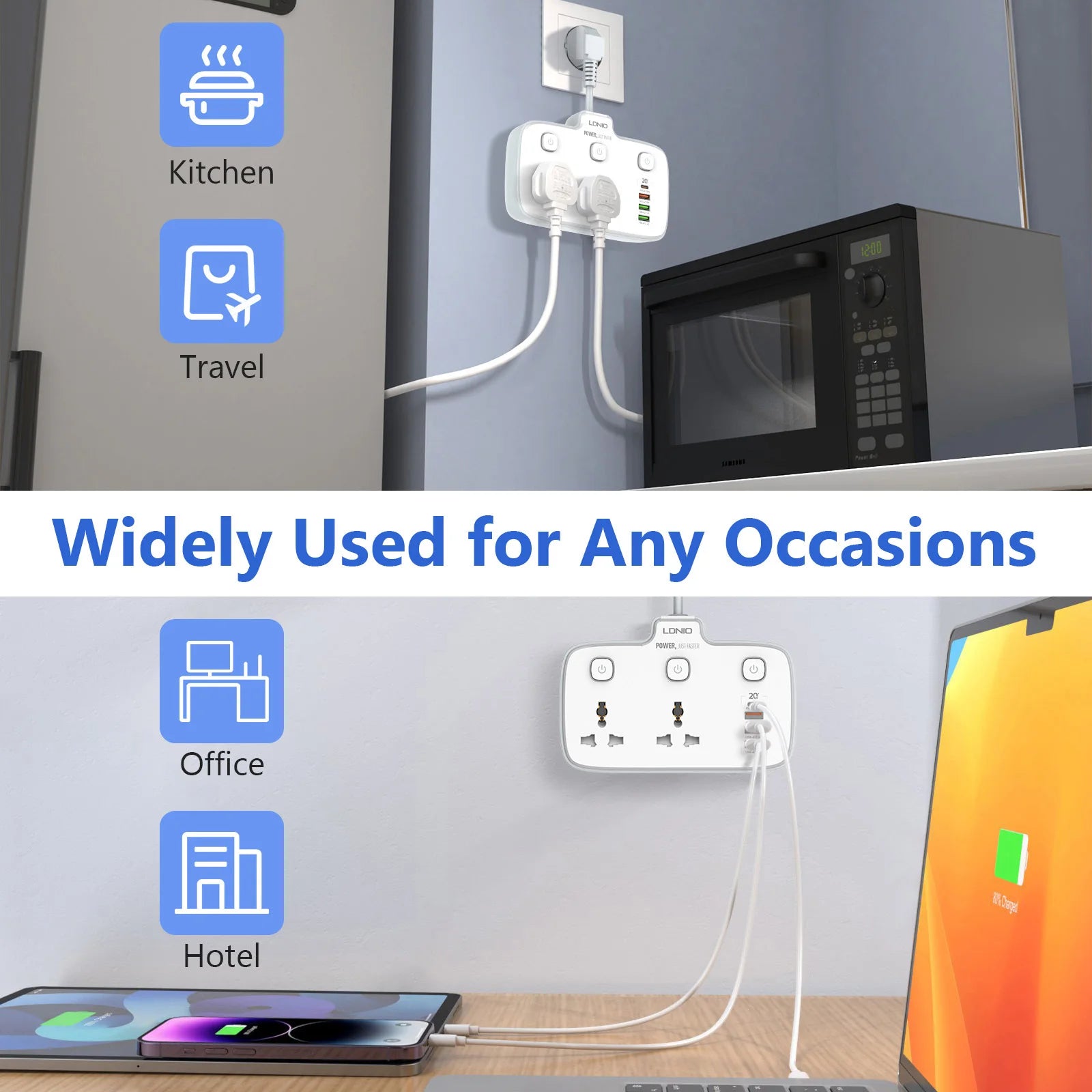 Universal Power Strip EU US UK Outlet Multi Plug with 20W PD QC USB Type-C