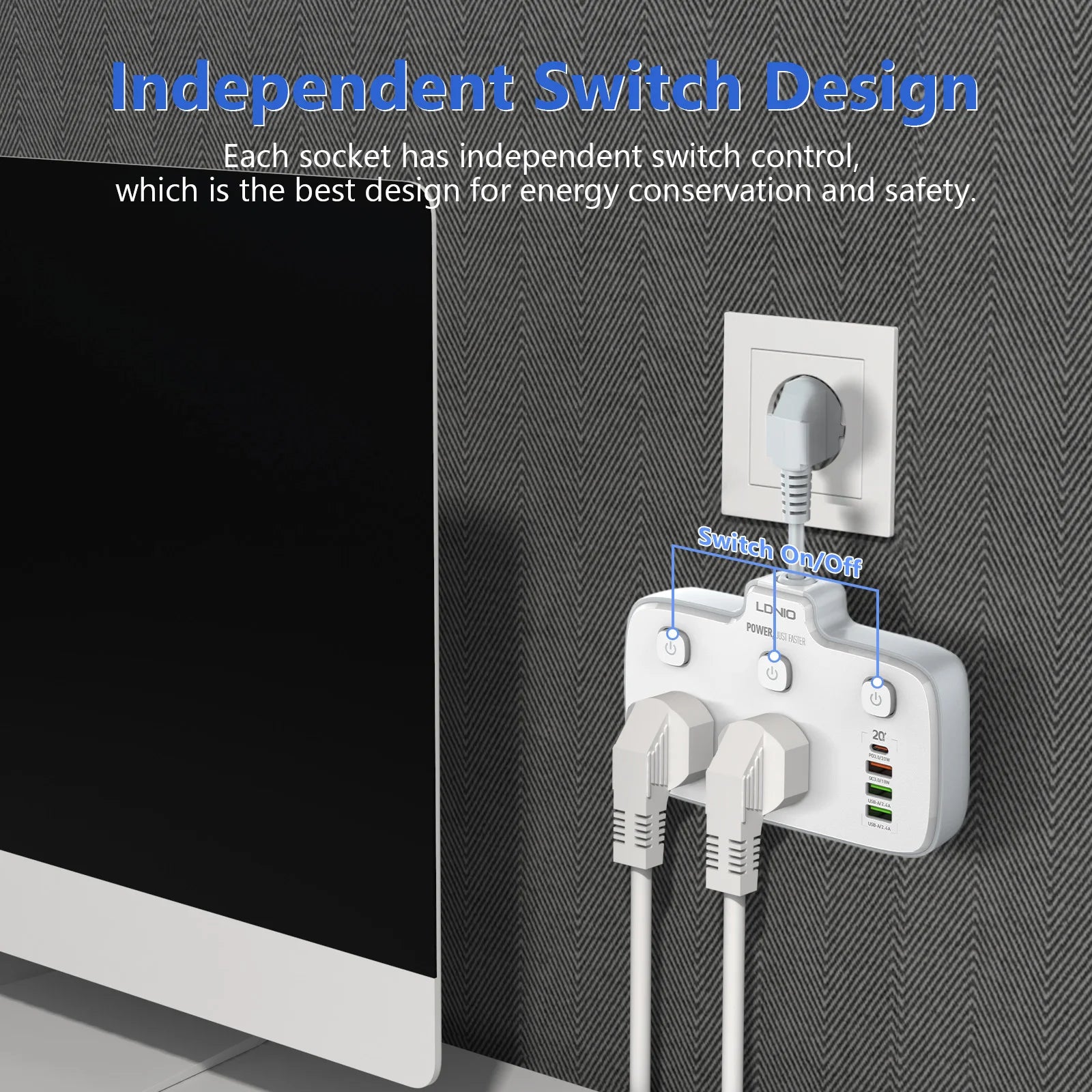 Universal Power Strip EU US UK Outlet Multi Plug with 20W PD QC USB Type-C