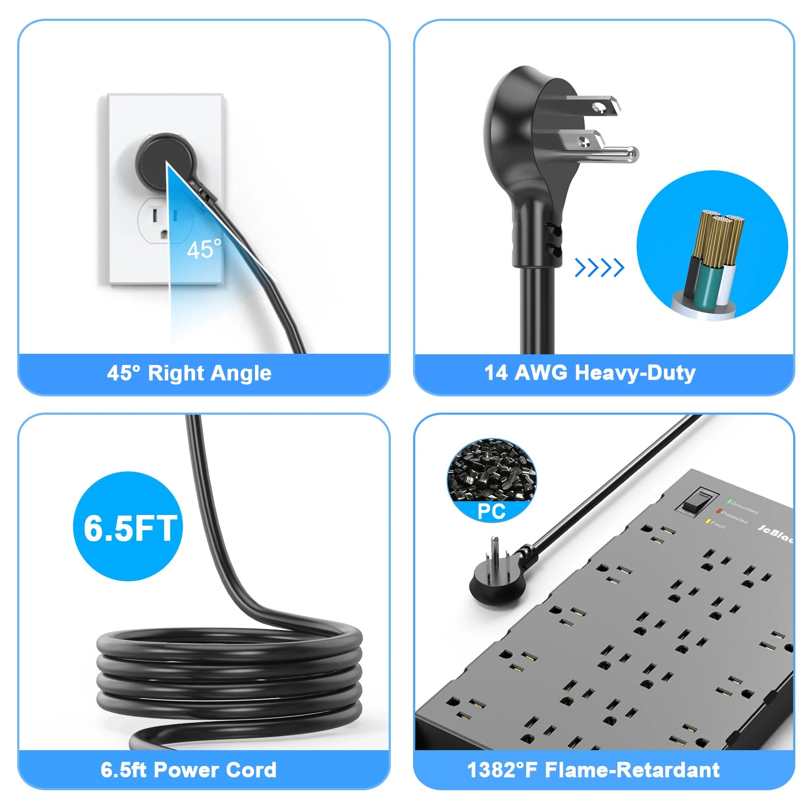 US Plug Power Strip with 22 AC Outlets Extender 6 USB Ports, 6.56ft/2M
