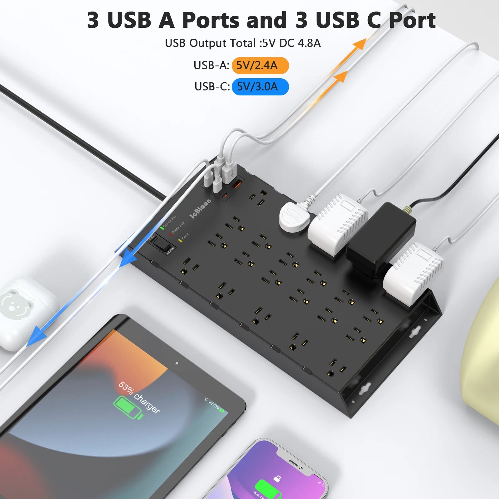 US Plug Power Strip with 22 AC Outlets Extender 6 USB Ports, 6.56ft/2M