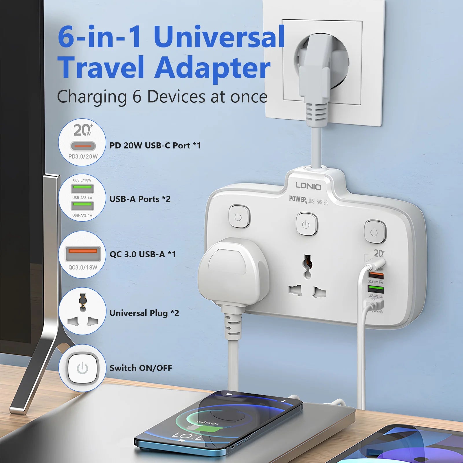Universal Power Strip EU US UK Outlet Multi Plug with 20W PD QC USB Type-C