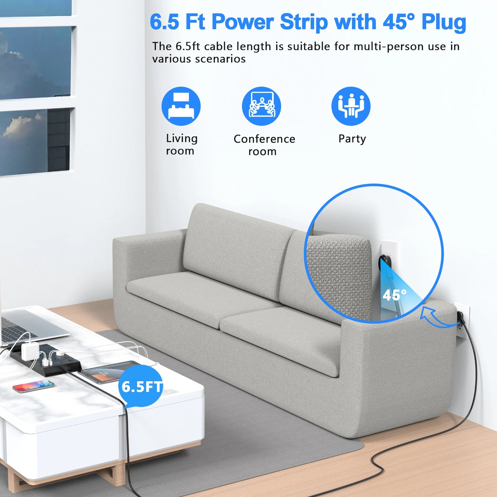 US Plug Power Strip with 22 AC Outlets Extender 6 USB Ports, 6.56ft/2M