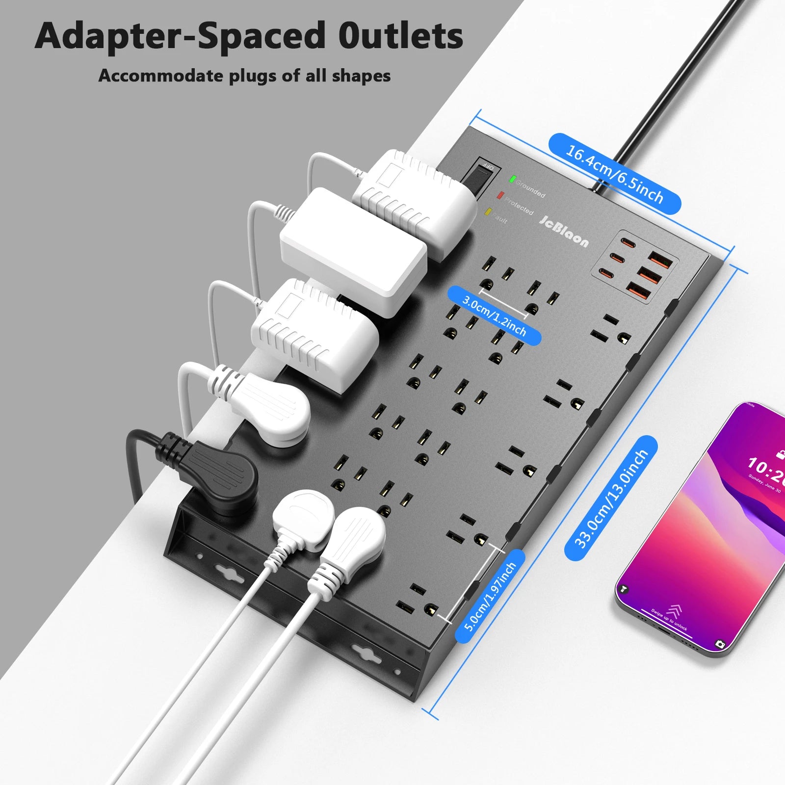 US Plug Power Strip with 22 AC Outlets Extender 6 USB Ports, 6.56ft/2M