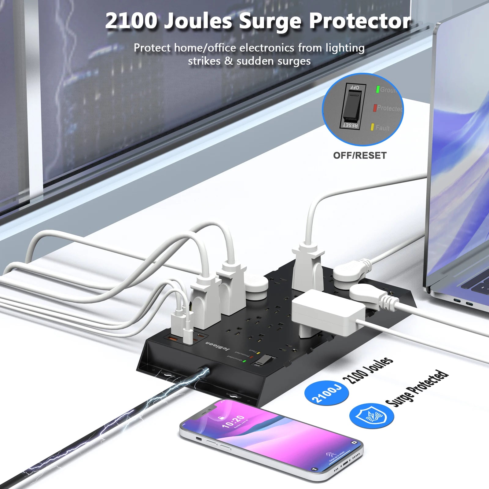 US Plug Power Strip with 22 AC Outlets Extender 6 USB Ports, 6.56ft/2M