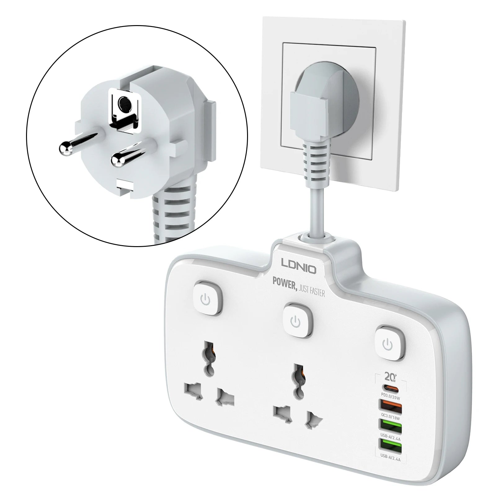 Universal Power Strip EU US UK Outlet Multi Plug with 20W PD QC USB Type-C