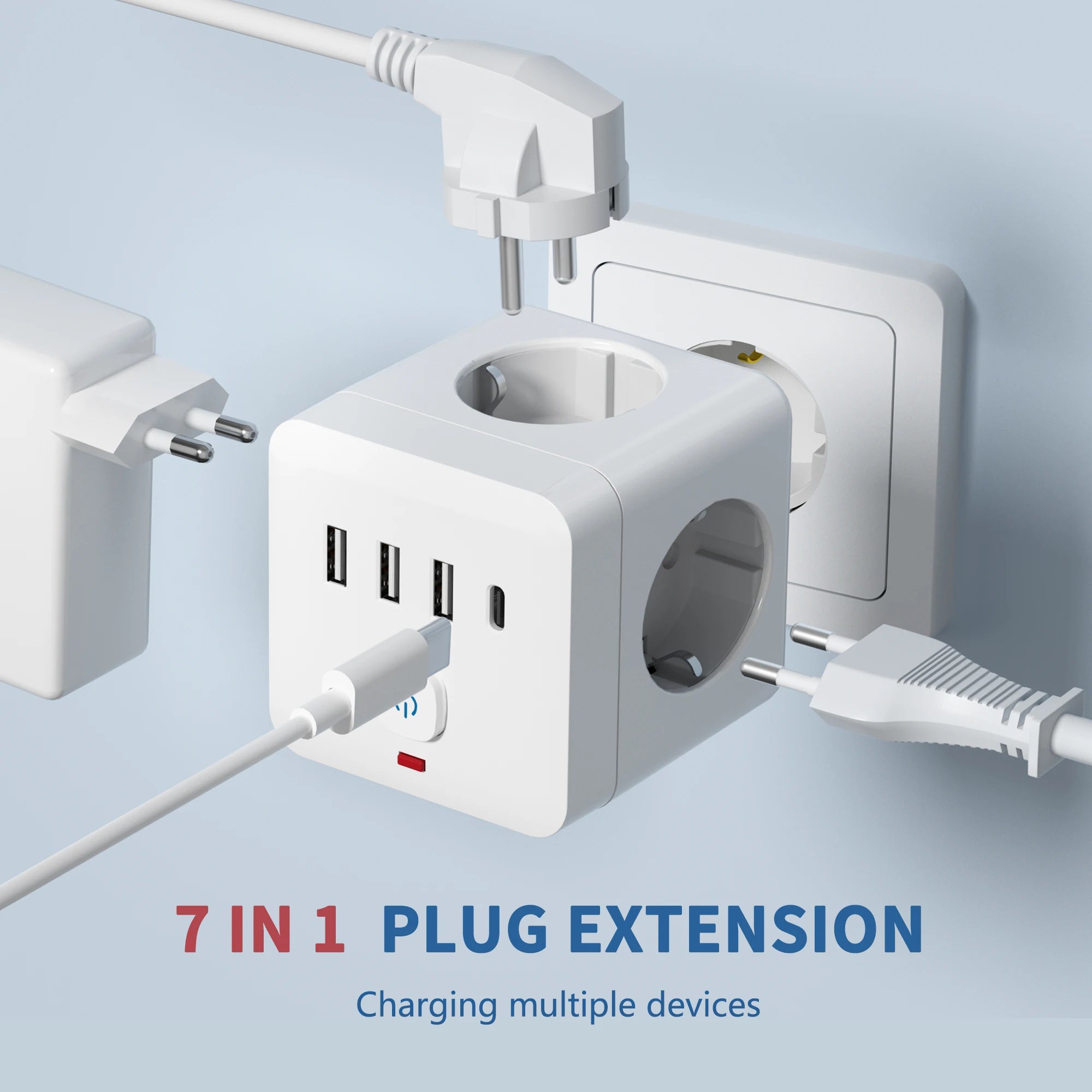 7-in-1 EU Power Strip, Power Strip Surge Protector 3 AC Outlets 3 USB 1 Type-C,