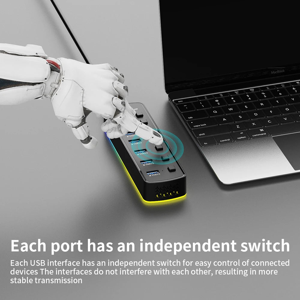 RGB USB 3.0 Hub 7 Ports Data Port Adapter 5Gbps Individual On/Off Switch