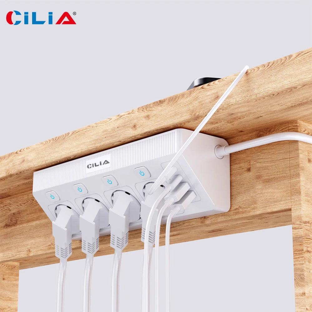 EU Plug Power Strip with 4 Sockets 4 Switches 2 USBs 2C 1.5M Extension Line