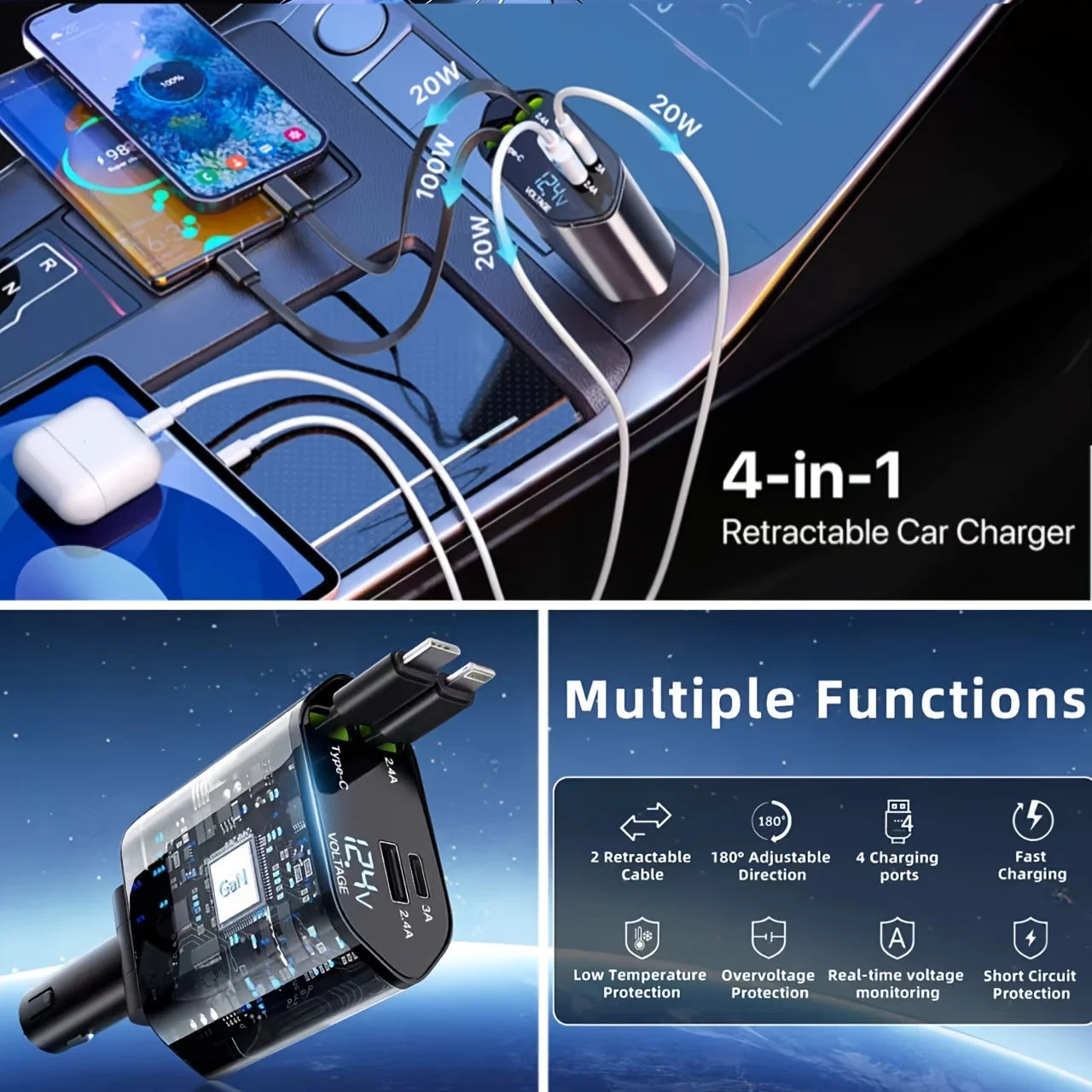 4 IN 1 120W Retractable Car Charger USB Type C Cable For IPhone Huawei Samsung
