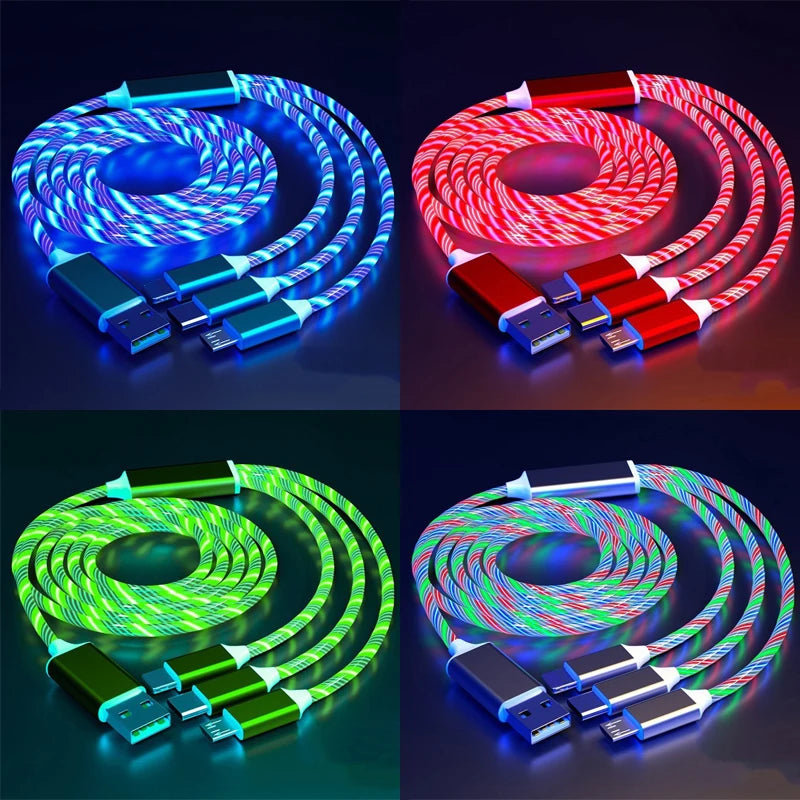 Glowing LED 3 IN 1 Cable For Samsung Xiaomi iPhone Flowing Streamer