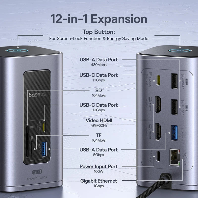 Baseus 12-in-1 USB C HUB to HDMI 4K@60Hz Dual Display USB 3.2 Adapter