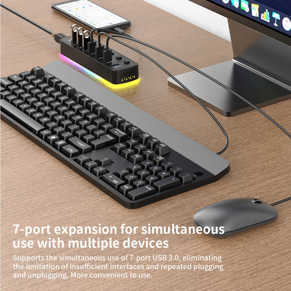 RGB USB 3.0 Hub 7 Ports Data Port Adapter 5Gbps Individual On/Off Switch