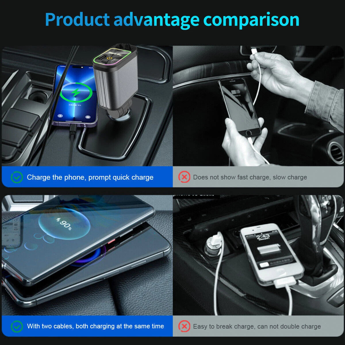 4 in 1 Retractable Car Charger with Roof Starlight USB C Cable Starlight in Auto