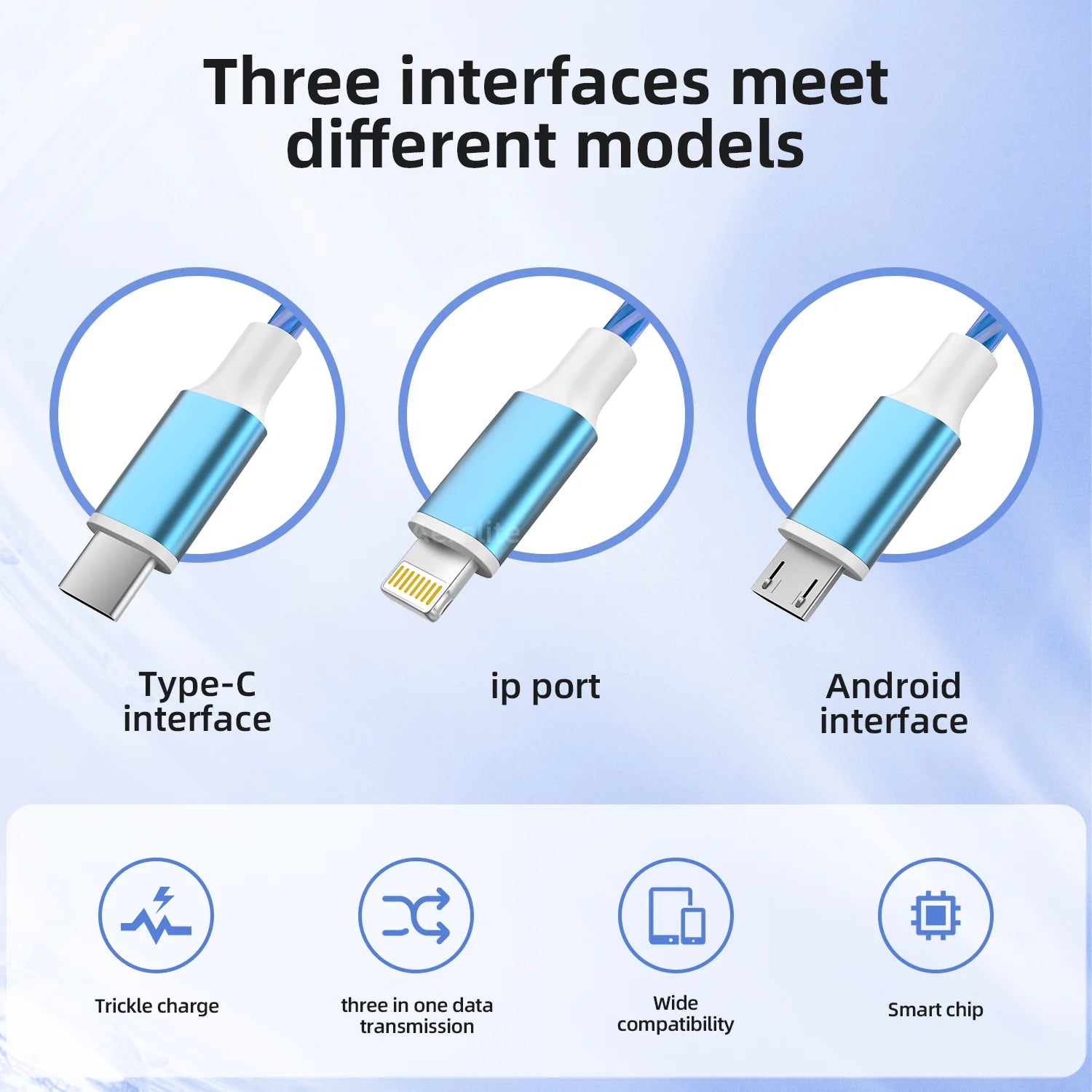 2pcs 4ft 3 in1 blue Fast Charging Luminous USB Data Cable For iPhone