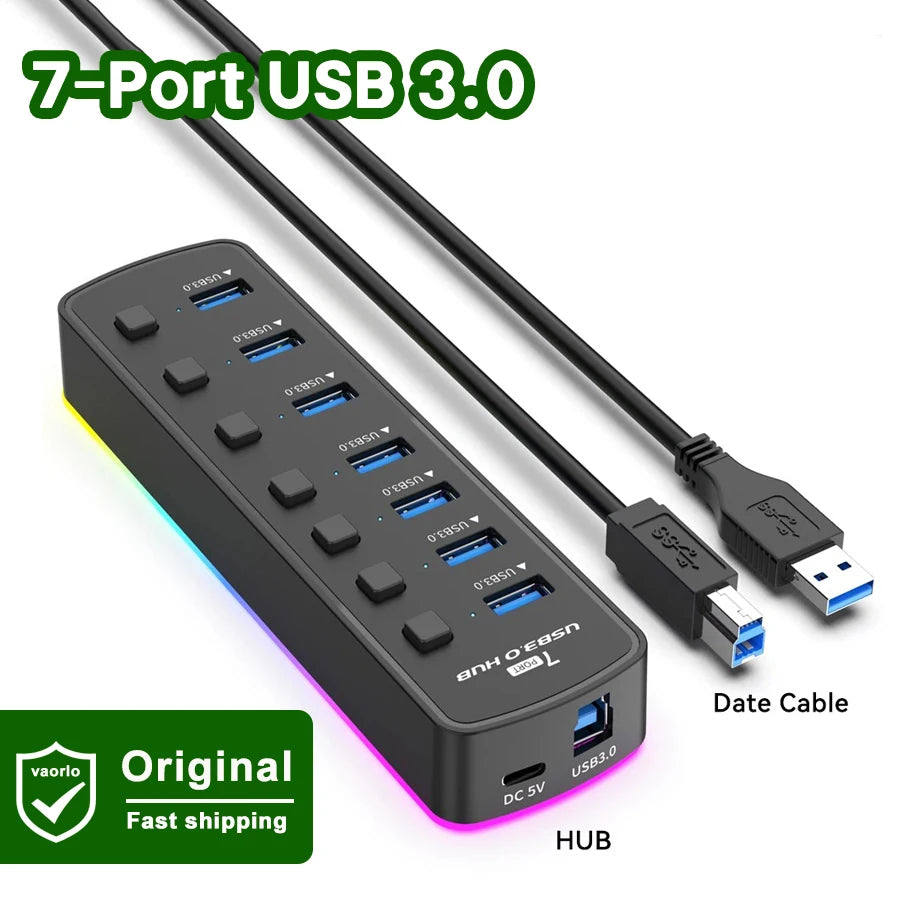 RGB USB 3.0 Hub 7 Ports Data Port Adapter 5Gbps Individual On/Off Switch