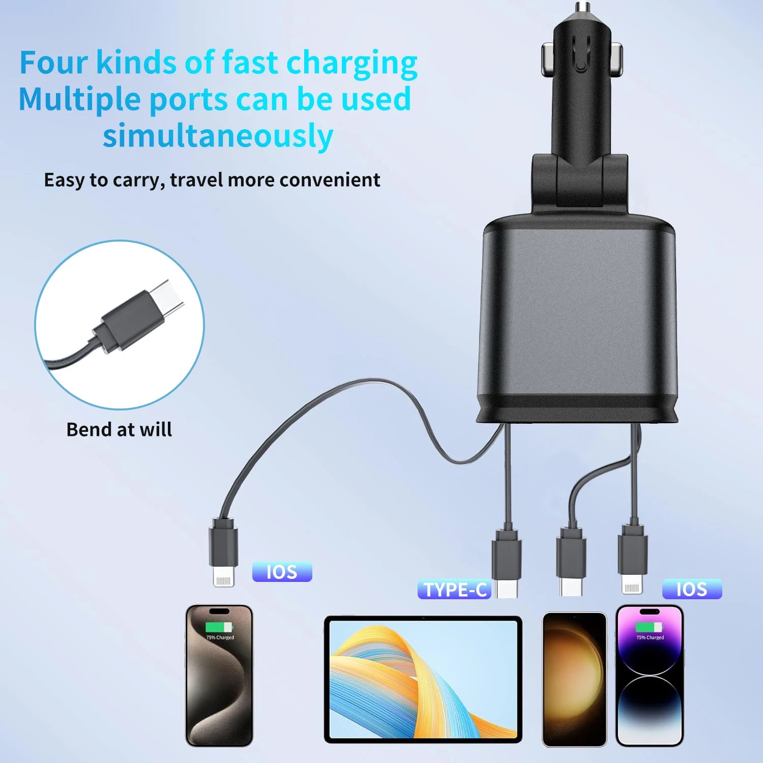 4 in 1 Retractable Car Charger with Roof Starlight USB C Cable Starlight in Auto