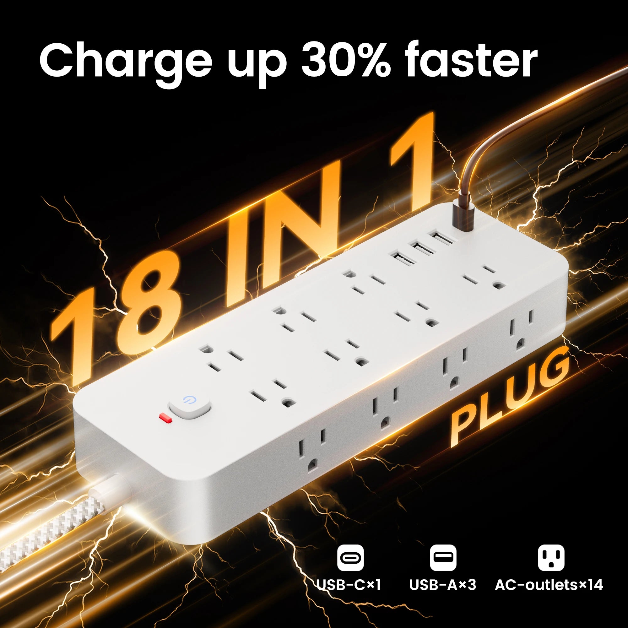 18-in-1 Multitap Power Strip US Plug AC Outlet USB Port Type C 4ft Braided