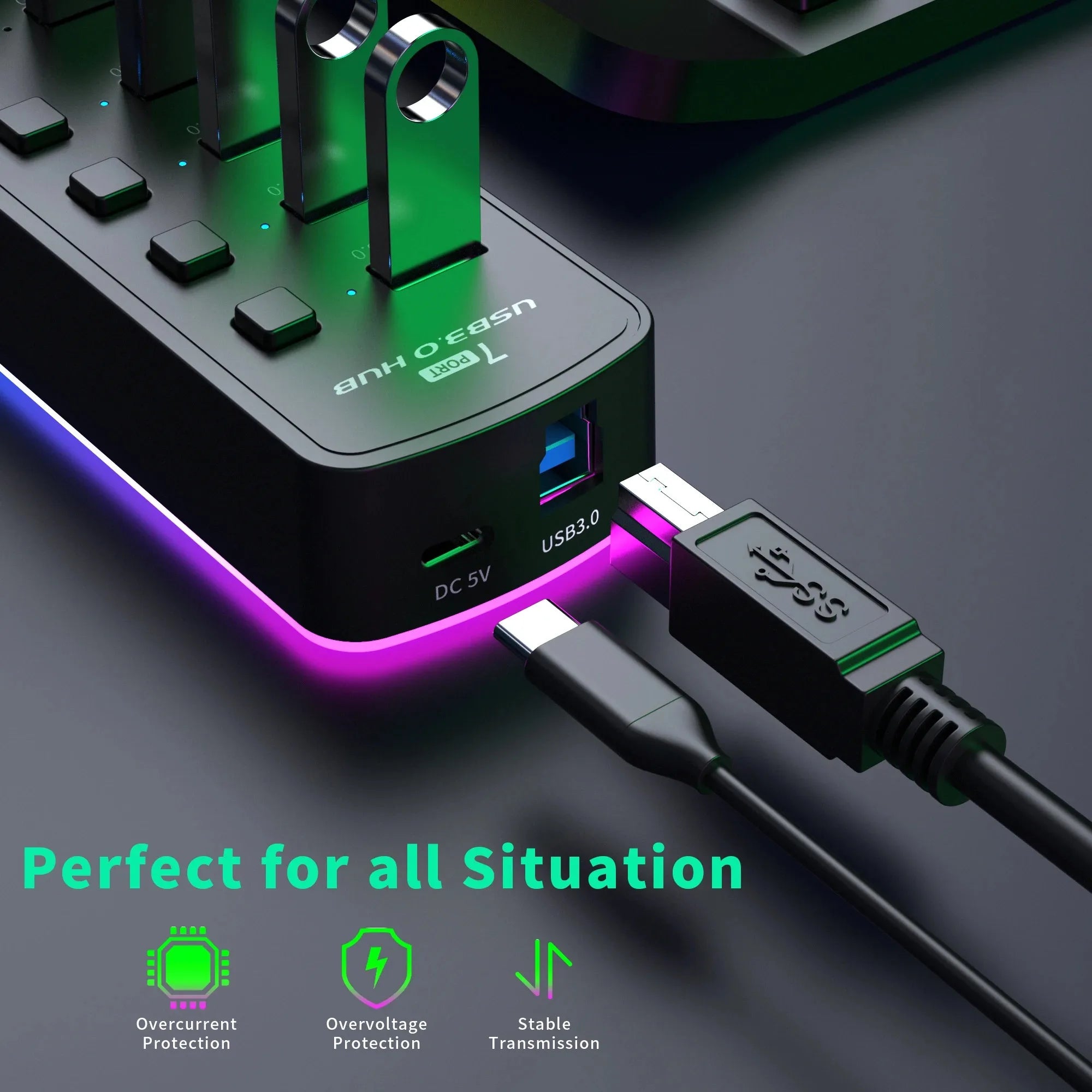 RGB USB 3.0 Hub 7 Ports Data Port Adapter 5Gbps Individual On/Off Switch