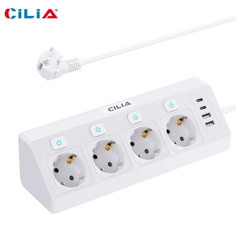 EU Plug Power Strip with 4 Sockets 4 Switches 2 USBs 2C 1.5M Extension Line