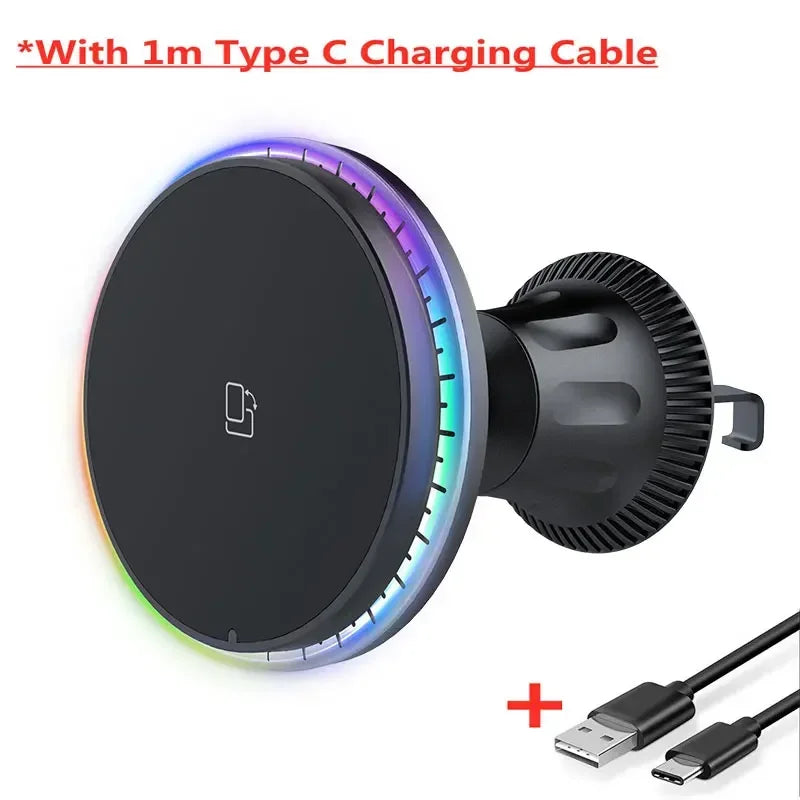30W Magnetic Car Wireless Chargers RGB LED Light For iPhone 12 13 14 15 Pro Max