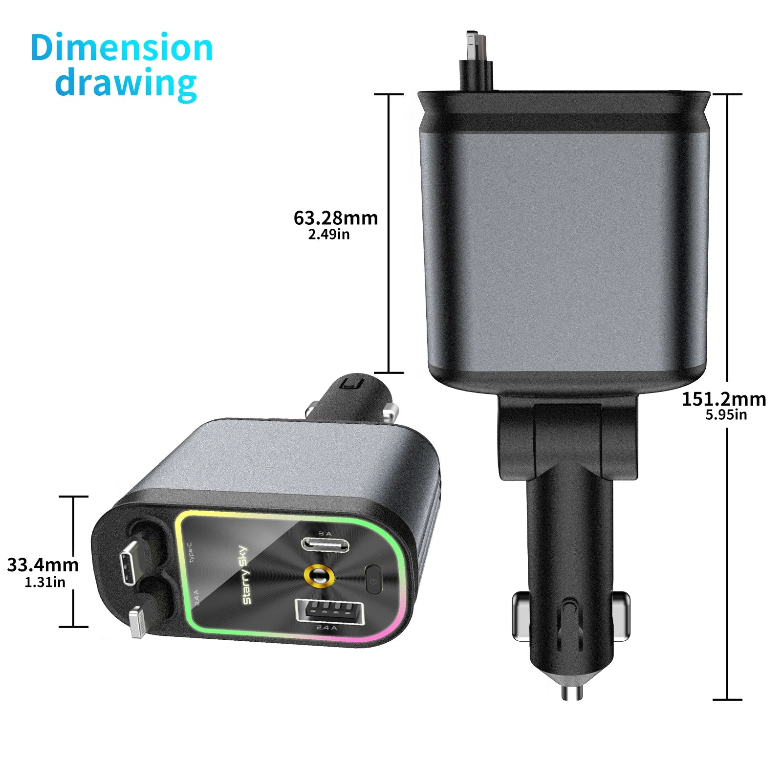4 in 1 Retractable Car Charger with Roof Starlight USB C Cable Starlight in Auto