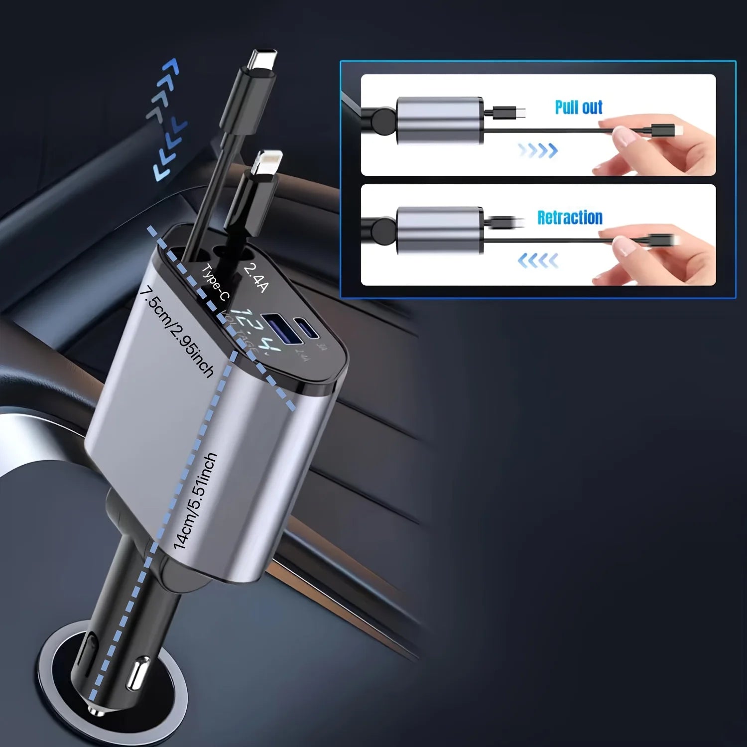 4 IN 1 120W Retractable Car Charger USB Type C Cable For IPhone Huawei Samsung