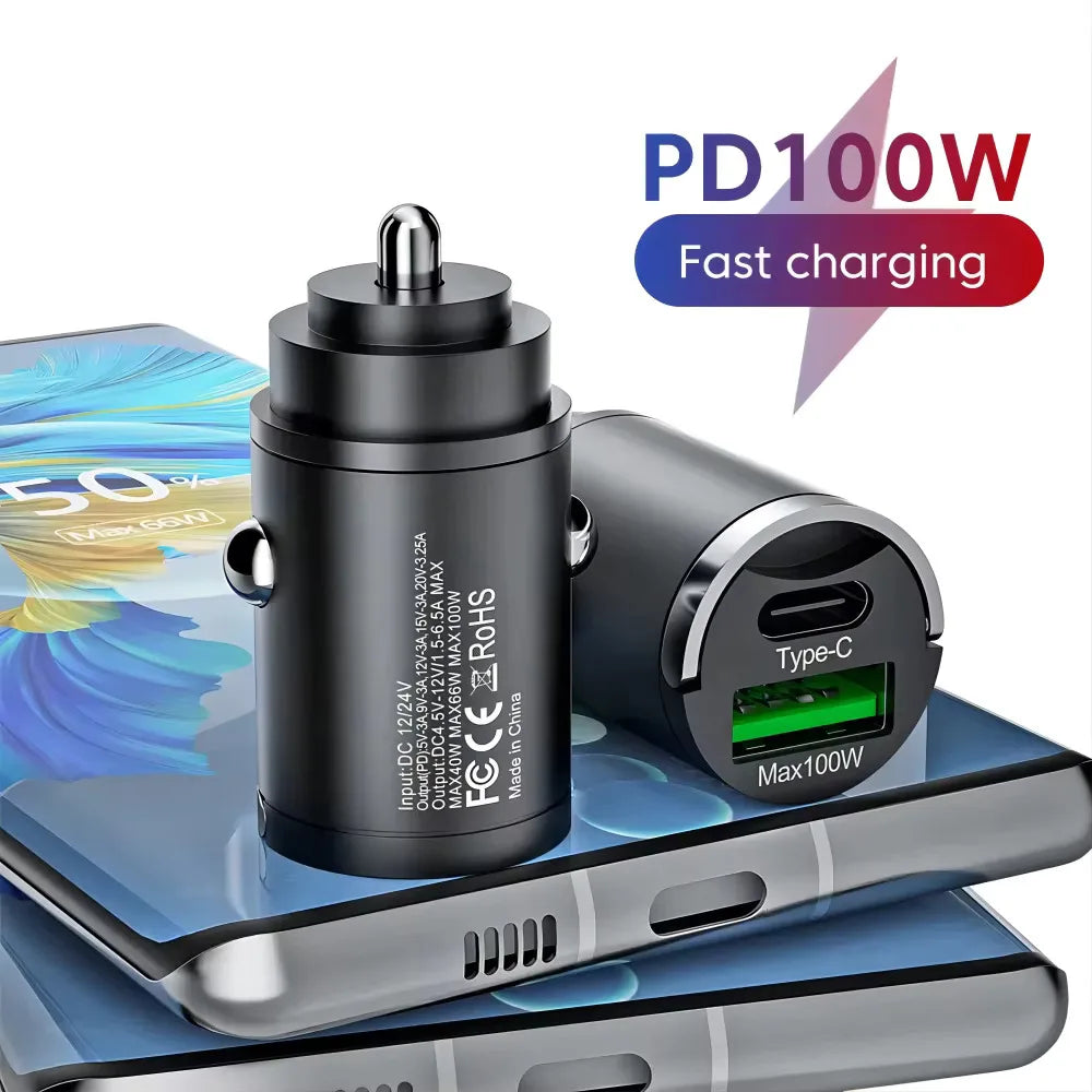 Mini 100W PD QC Pull Ring Fast Charging Car Charger USB C Car Phone Charger