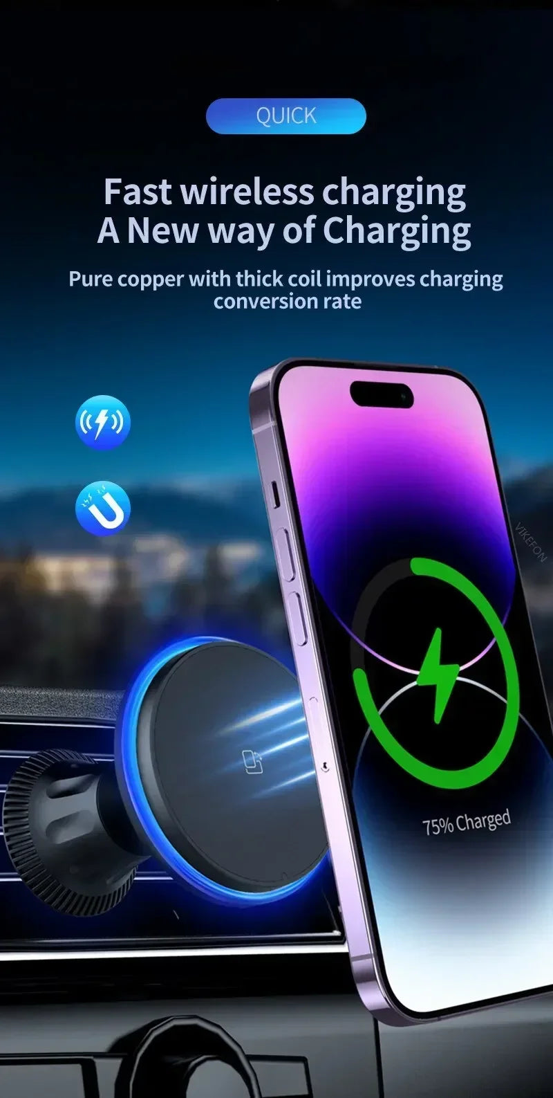 30W Magnetic Car Wireless Chargers RGB LED Light For iPhone 12 13 14 15 Pro Max