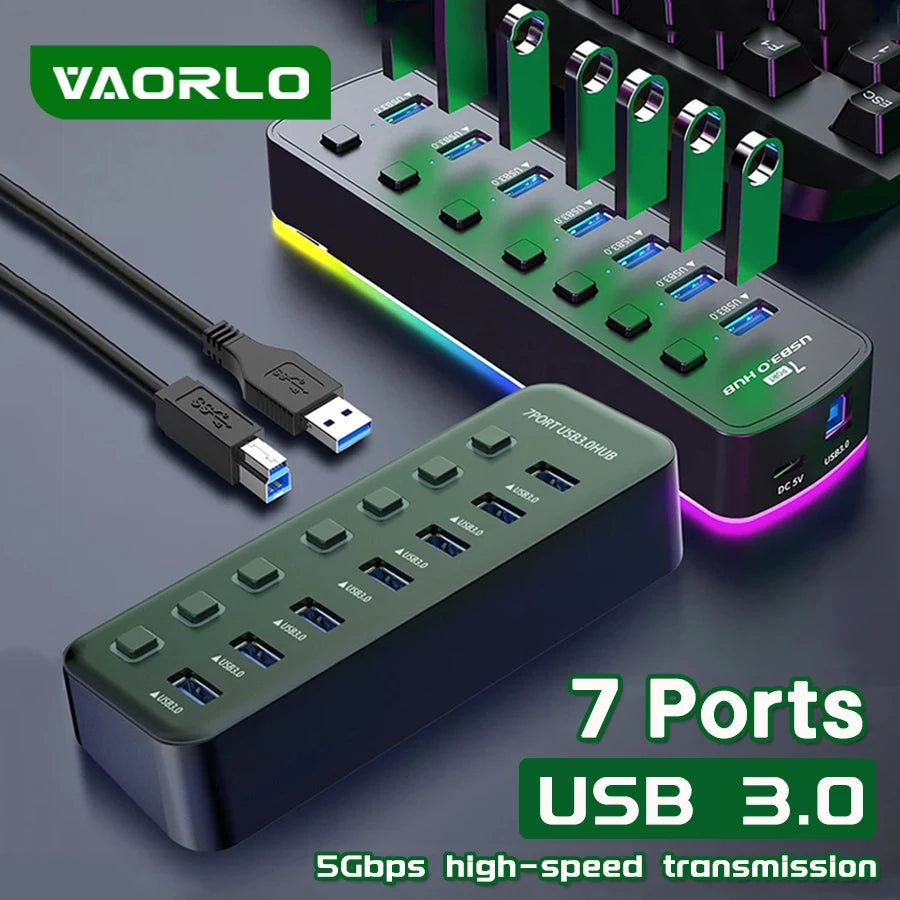 RGB USB 3.0 Hub 7 Ports Data Port Adapter 5Gbps Individual On/Off Switch