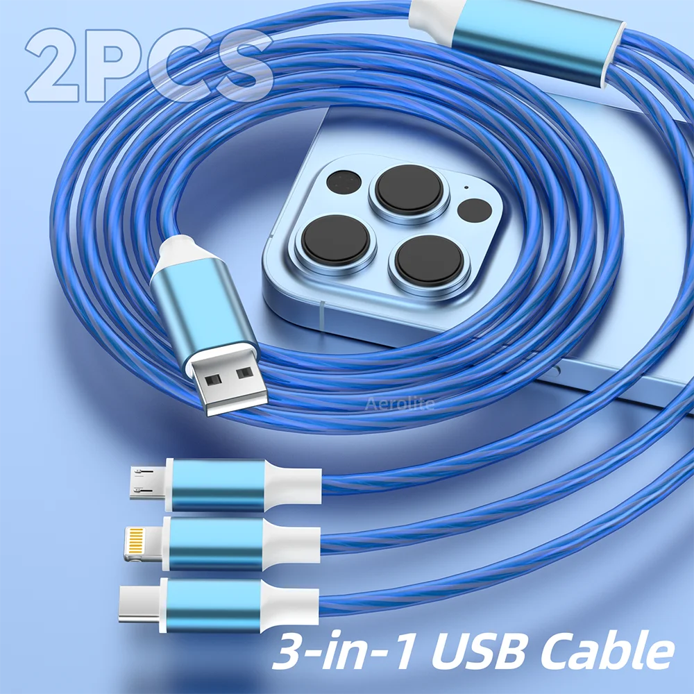 2pcs 4ft 3 in1 blue Fast Charging Luminous USB Data Cable For iPhone