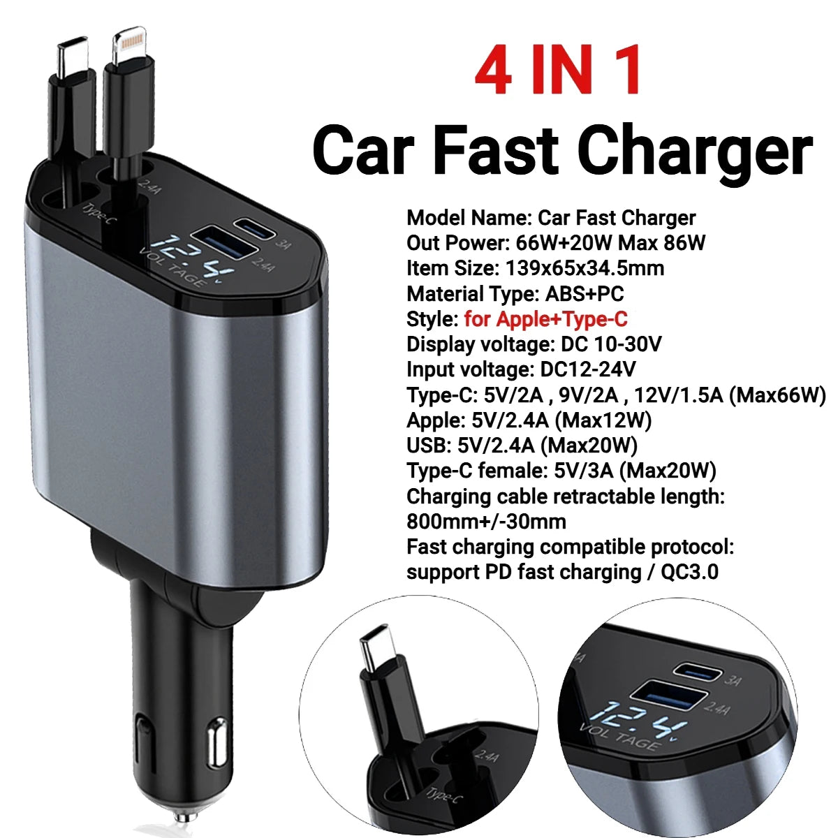 4 IN 1 120W Retractable Car Charger USB Type C Cable For IPhone Huawei Samsung