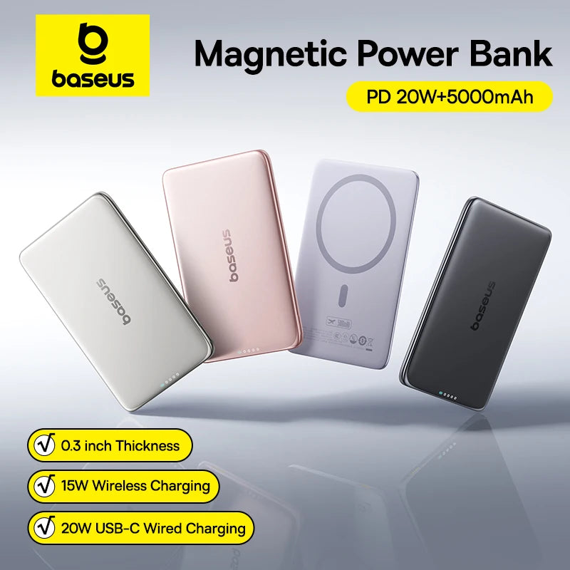 Baseus 5000mAh Magnetic Power Bank 15W Wireless 20W Wired Charging Thin