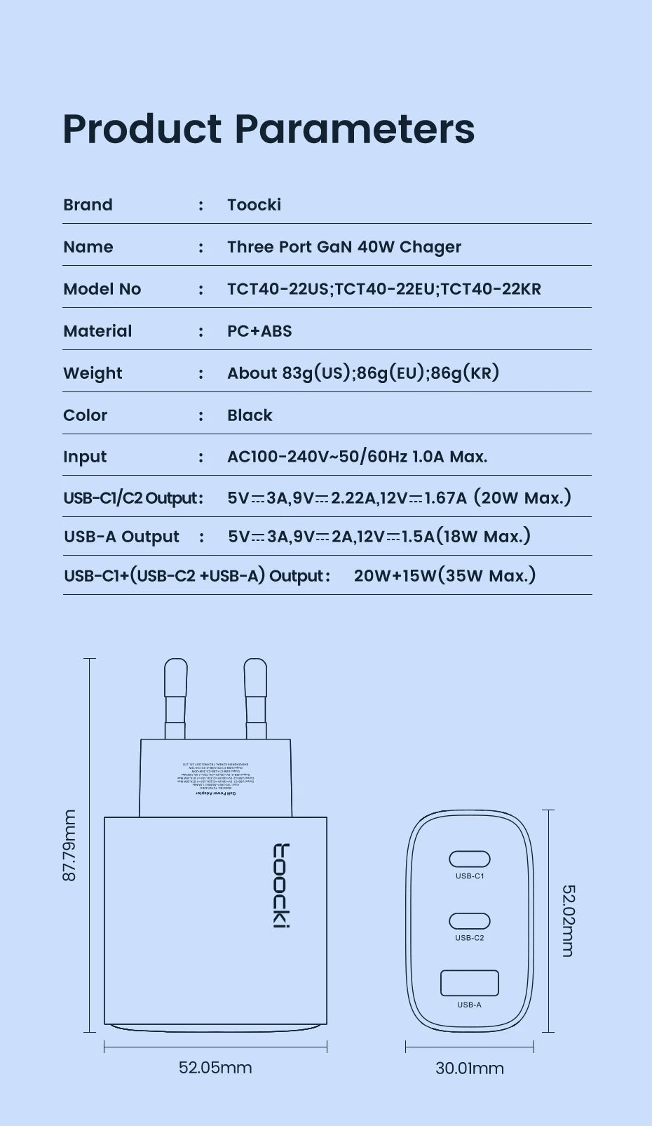 Toocki 40W GaN USB Charger Type C QC 4.0 Quick Charge Dual Type C Fast Phone Charger For iPhone 15 14 13 12 Pro Max Samsung S23
