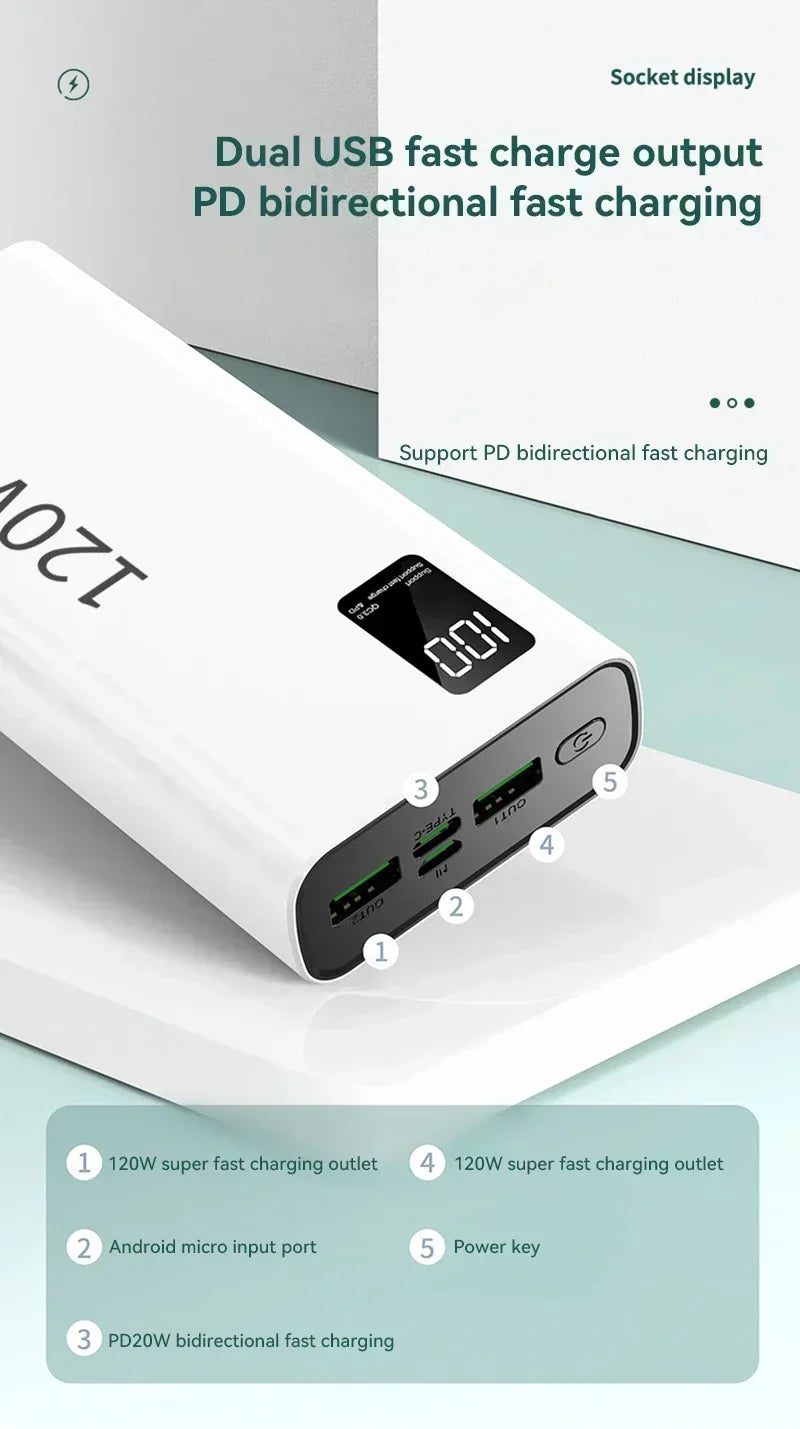 120W High Capacity Power Bank 500000mAh Fast Charger Portable Battery