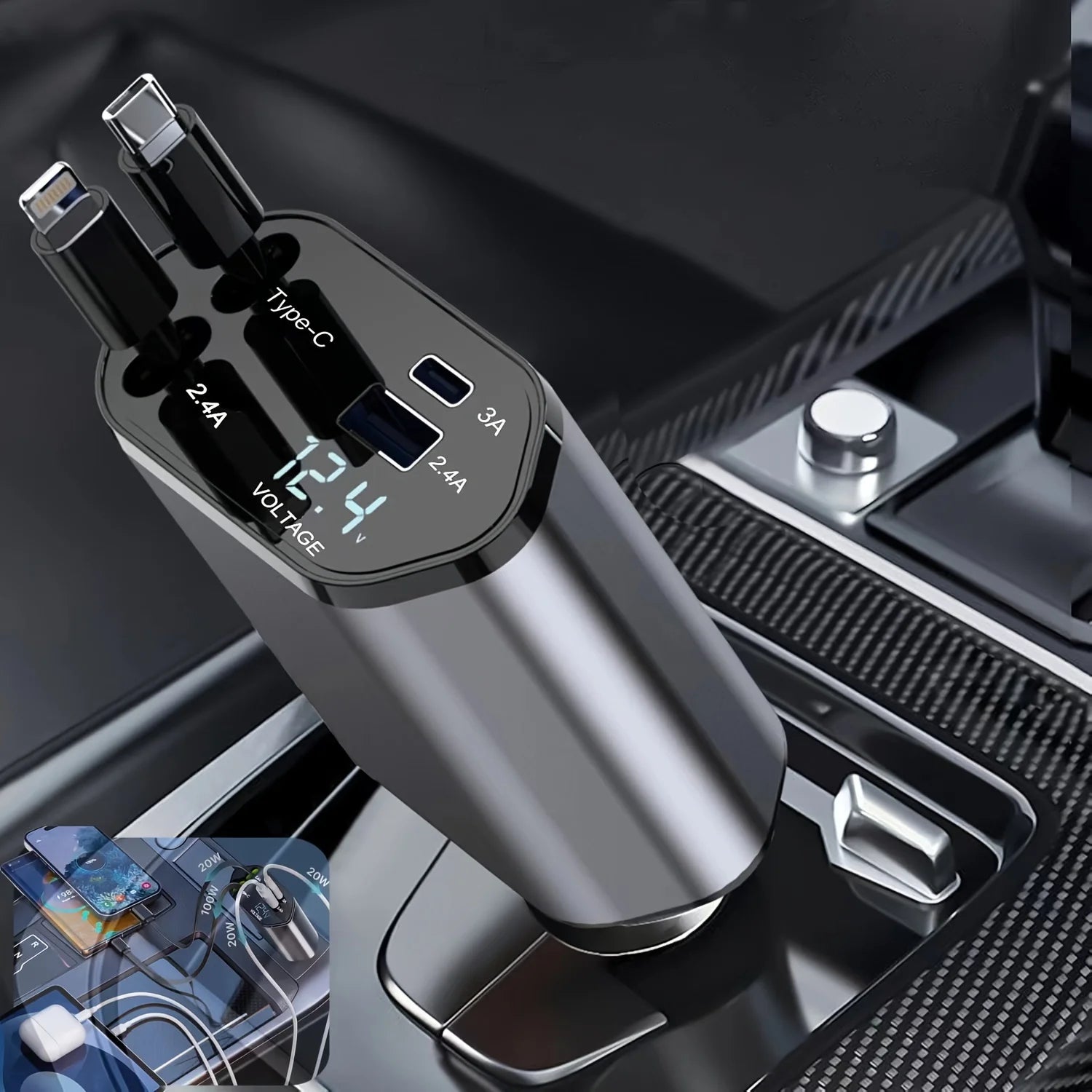 4 IN 1 120W Retractable Car Charger USB Type C Cable For IPhone Huawei Samsung