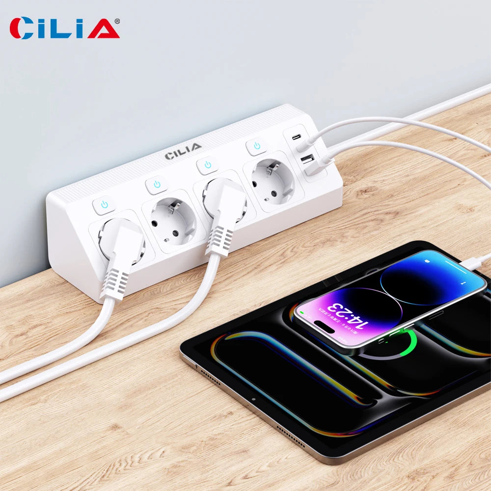 EU Plug Power Strip with 4 Sockets 4 Switches 2 USBs 2C 1.5M Extension Line