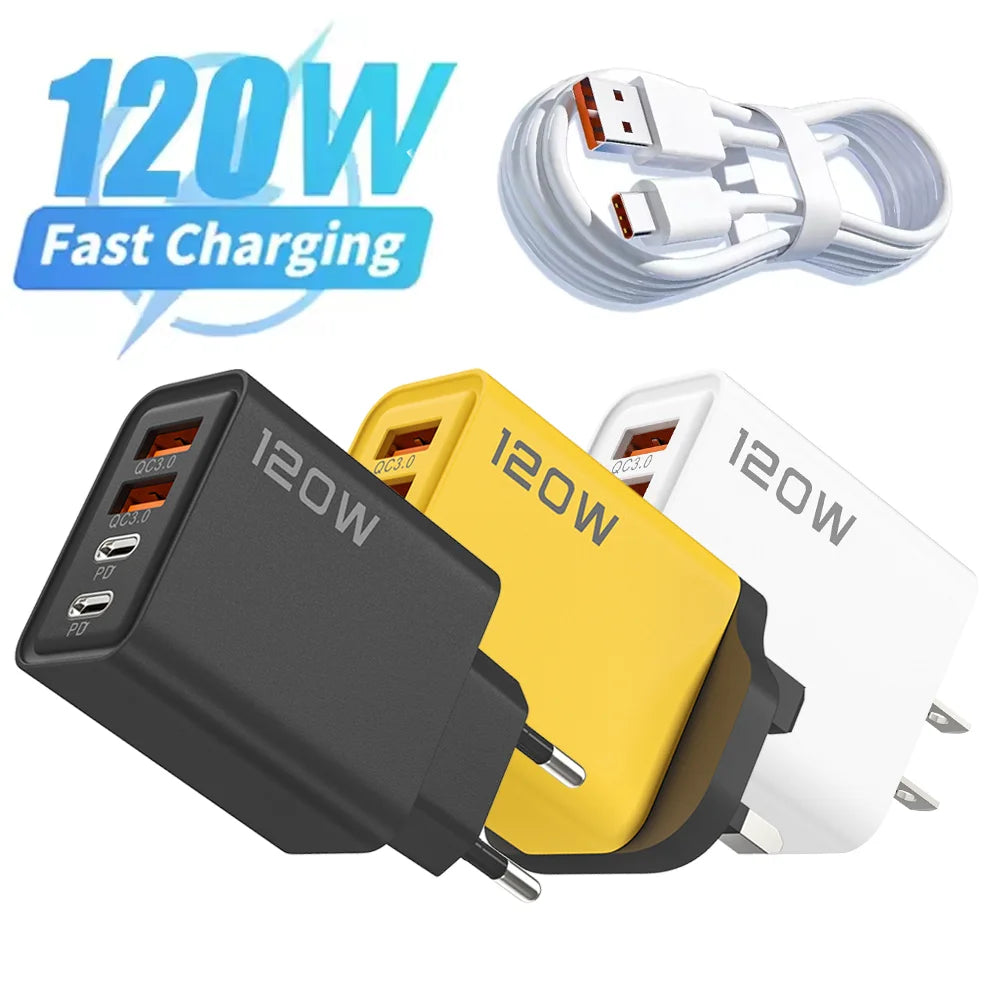 120W 4 Port USB Type C Charger Fast Charging Data Cable USB Phone Charger