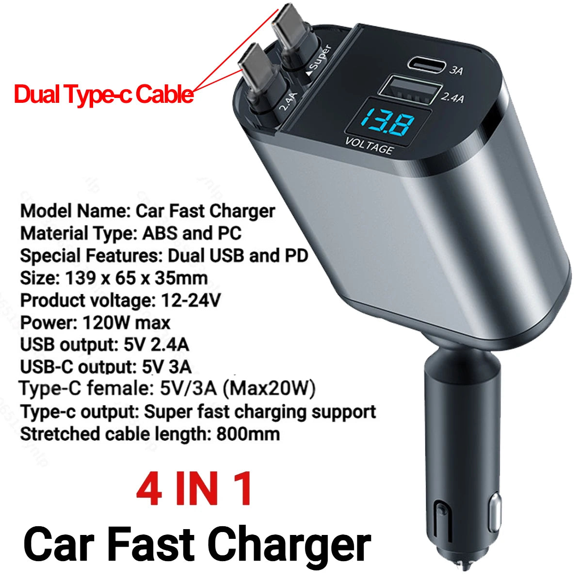 4 IN 1 120W Retractable Car Charger USB Type C Cable For IPhone Huawei Samsung