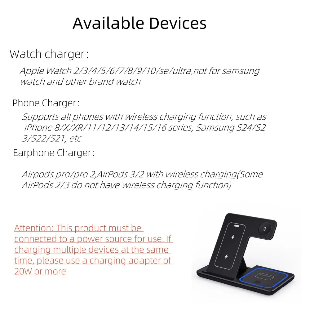 30W LED Fast Wireless Charger Stand 3 in 1 Foldable Charging Station For iPhone 15 14 13 12 11 Apple Watch 9 8 7 6 5 Airpods Pro