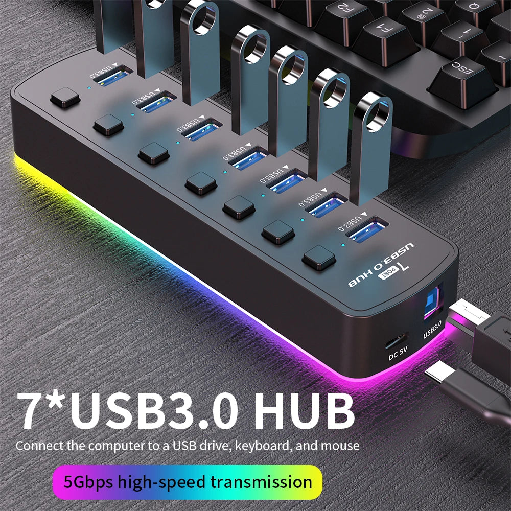 RGB USB 3.0 Hub 7 Ports Data Port Adapter 5Gbps Individual On/Off Switch