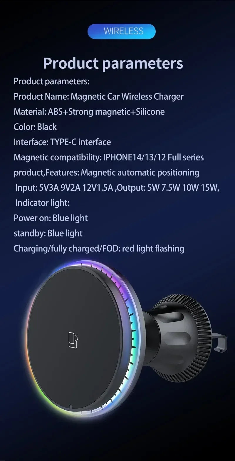 30W Magnetic Car Wireless Chargers RGB LED Light For iPhone 12 13 14 15 Pro Max