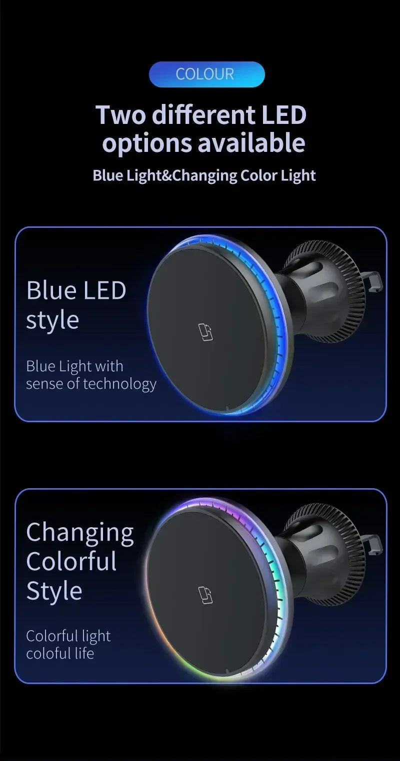 30W Magnetic Car Wireless Chargers RGB LED Light For iPhone 12 13 14 15 Pro Max