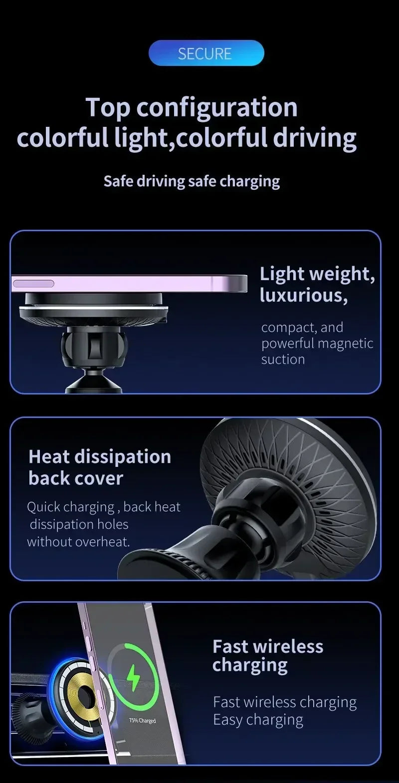 30W Magnetic Car Wireless Chargers RGB LED Light For iPhone 12 13 14 15 Pro Max